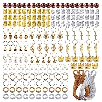 YMHPRIDE 200 Pieces Deadlocks Beads Hair Jewelry Decoration Accessories Metal Hair Cuffs Gold Silver Aluminum Hair Coil Wooden Beads and 200 M Metallic Cord for Braiding Hair Pendant Charms