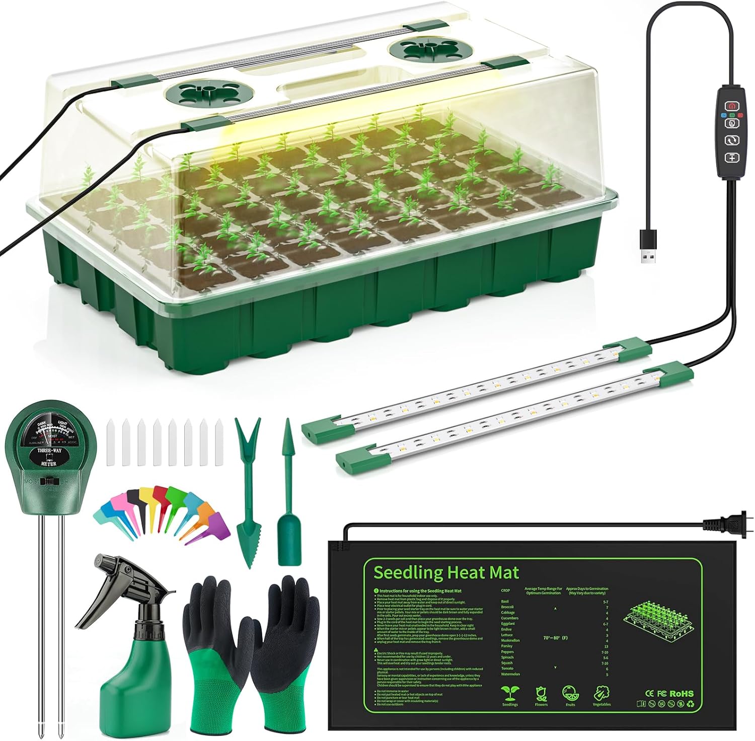 Seed Starter Tray with Grow Light, 40 Cells Seed Starter Kit with Heat Mat, Seedling Starter Trays with Humidity Domes, Automatic Timer, Adjustable Brightness Indoor Greenhouse 40 Cells with Light