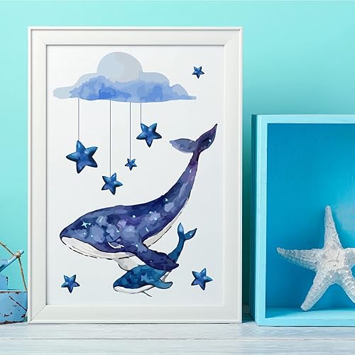 Miniatura 4 de SUPERDANT Calcomanías de pared de ballena azul, cielo nocturno, nubes azules, vinilo de animales, decoración artística para bebé, guardería, niños,