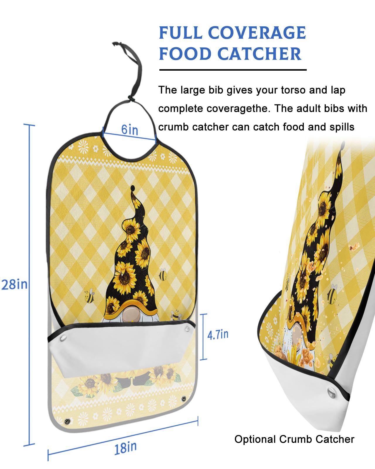 Sunflower Gnomes Adult Bibs for Eating, Waterproof Bibs with Food Catcher & Adjustable Snap Closure, Yellow Plaid Farmhouse Floral Bee Washable Clothing Protectors Adult Bibs for Elderly Women/Men
