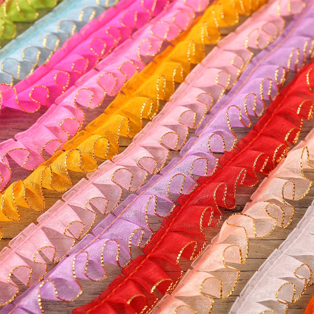 Wambere 5 Yards 2 cm Lace Ribbon, Gold Crinkled Yarn on One Side, Ruffle Lace Trim, Elastic Fabric, Lace Trim, for DIY Sewing - Image 2