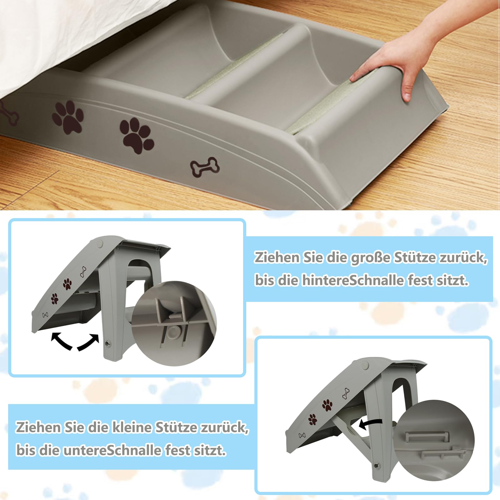 Hundetreppe für Kleine Hunde, Haustiertreppe 4 Stufen Katzentreppe für Alte Katzen, Kunststoff Faltbare Hundetreppe für Bett 50cm Hoch, Belastbarkeit bis zu 75kg Grau
