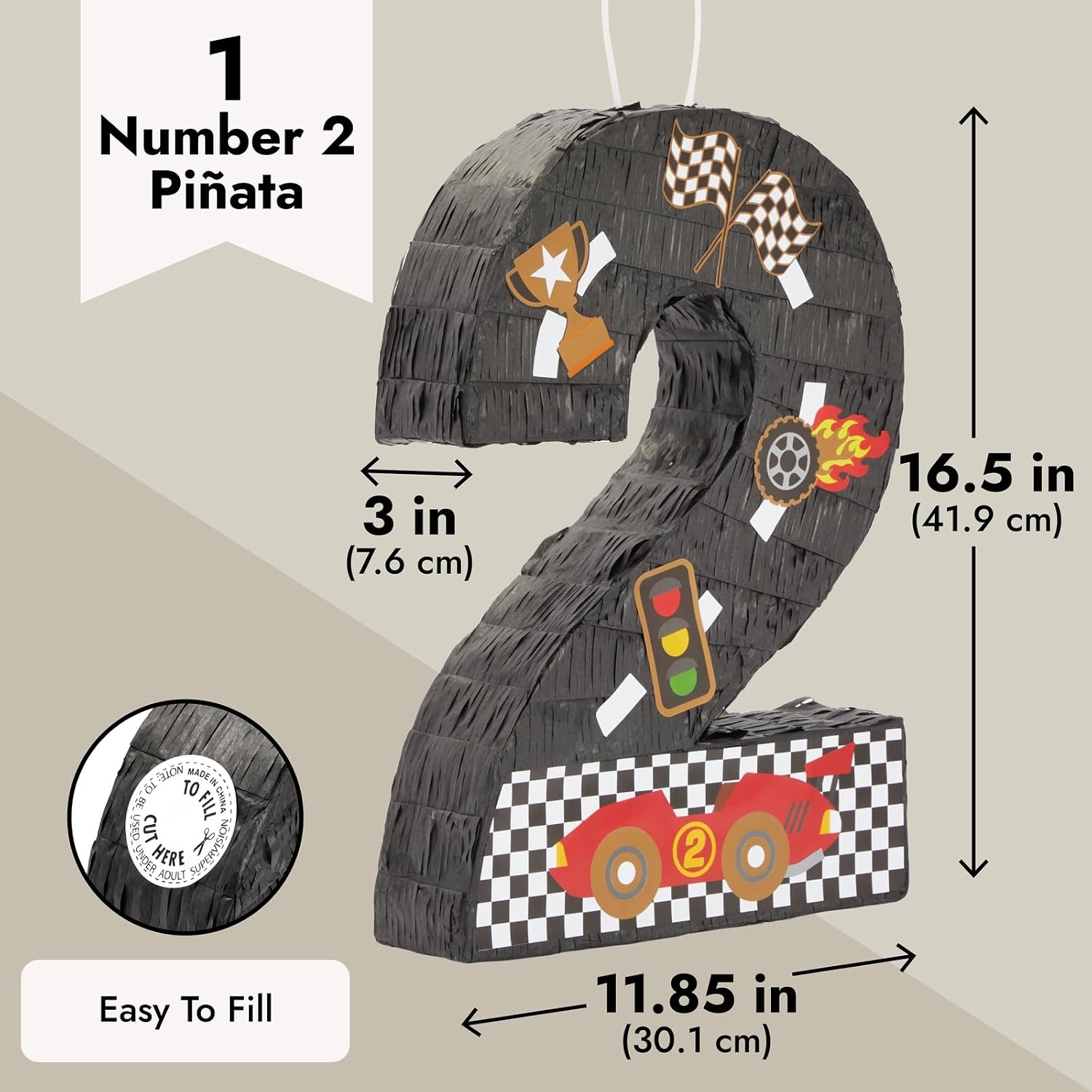 BLUE PANDA Number 2 Race Car Pinata for Party Supply & Two Fast Birthday Decor - 3-Ply Construction & Party Decoration - 16.5 x 11.85 x 3 In, Pack of 1