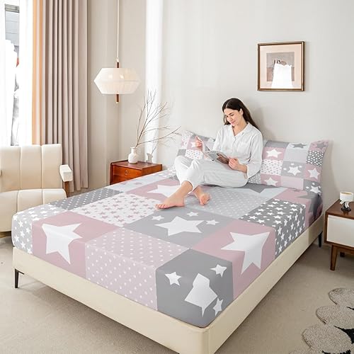 Miniatura 2 de Sábana bajera ajustable con patrón de estrellas, tamaño matrimonial, colección de cuadrícula rosa y gris, tema de cielo estrellado, ropa de cama de