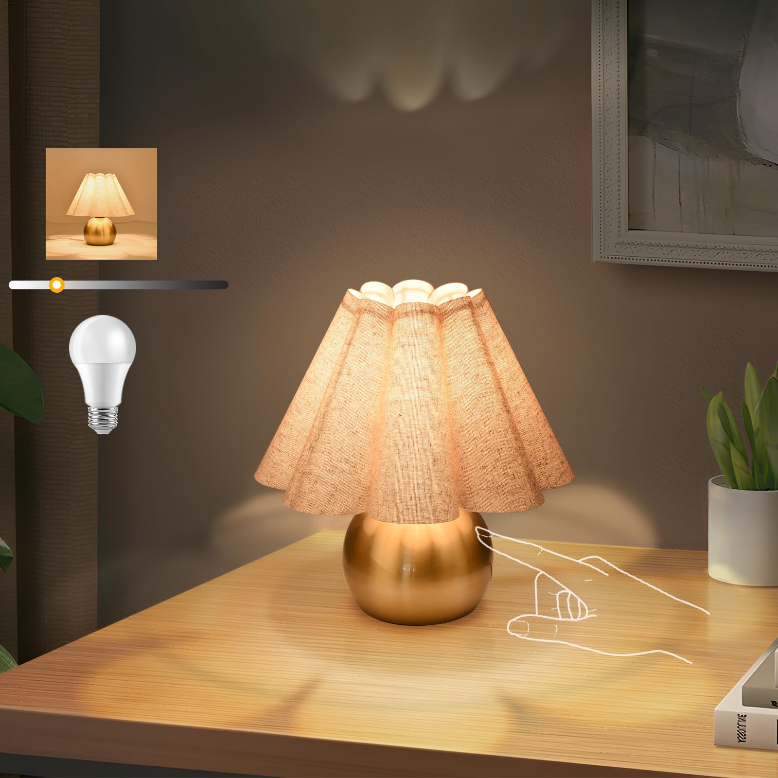 Lámpara de mesa dorada con control táctil pequeña para dormitorio, lámparas de noche doradas de latón para mesita de noche, lindas mini lámparas de mesa pequeñas para espacios pequeños con pantalla