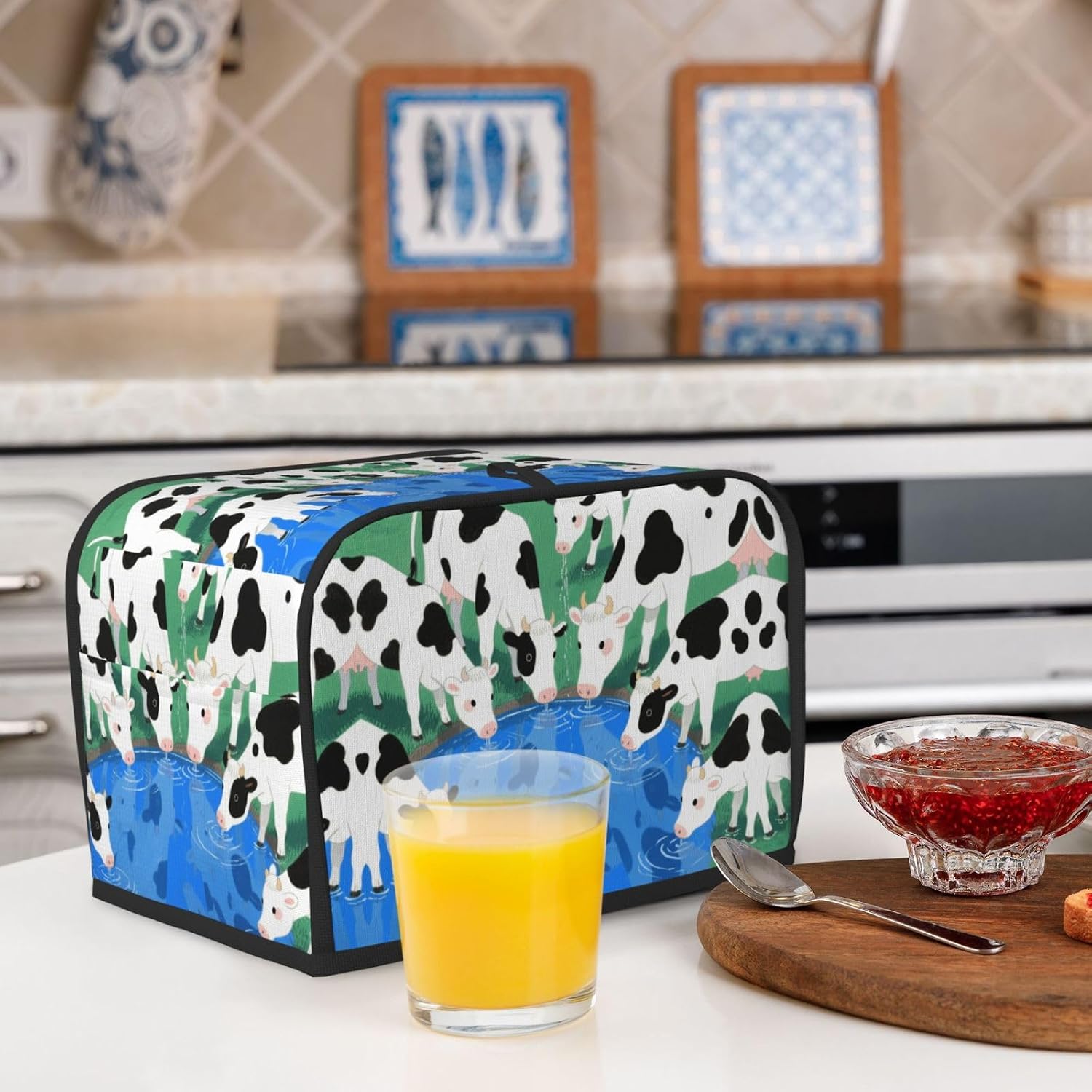 Cute Cows Watercolor Toaster Cover 2 Slice, Waterproof Bread Machine Covers with Pockets Universal Size Kitchen Small Appliance Cover with Handle, Dust and Fingerprint Protection