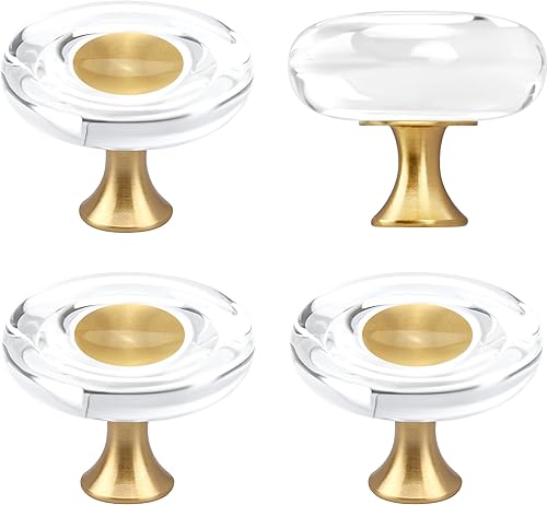 RZDEAL 4 pomos de cristal de cristal y latón para cajones, tiradores de tocador, herrajes dorados para cajones de cocina (redondos de 1-38 pulgadas)