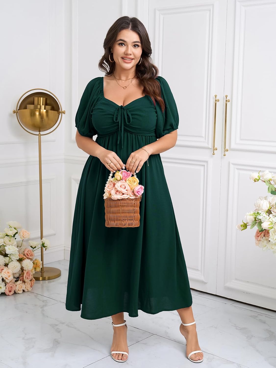 SCOMCHIC Plus Size Sweetheart Neckline Maxi Dress Formal Wedding Guest Short Puff Sleeve Cocktail Smocked A-Line Dresses - Image 5