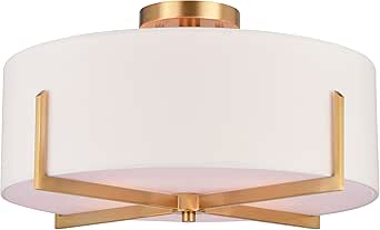 VAXCEL Surrey 18-in W Natural Brass Mid-Century Modern Semi Flush Mount Ceiling Light White Linen Drum Shade