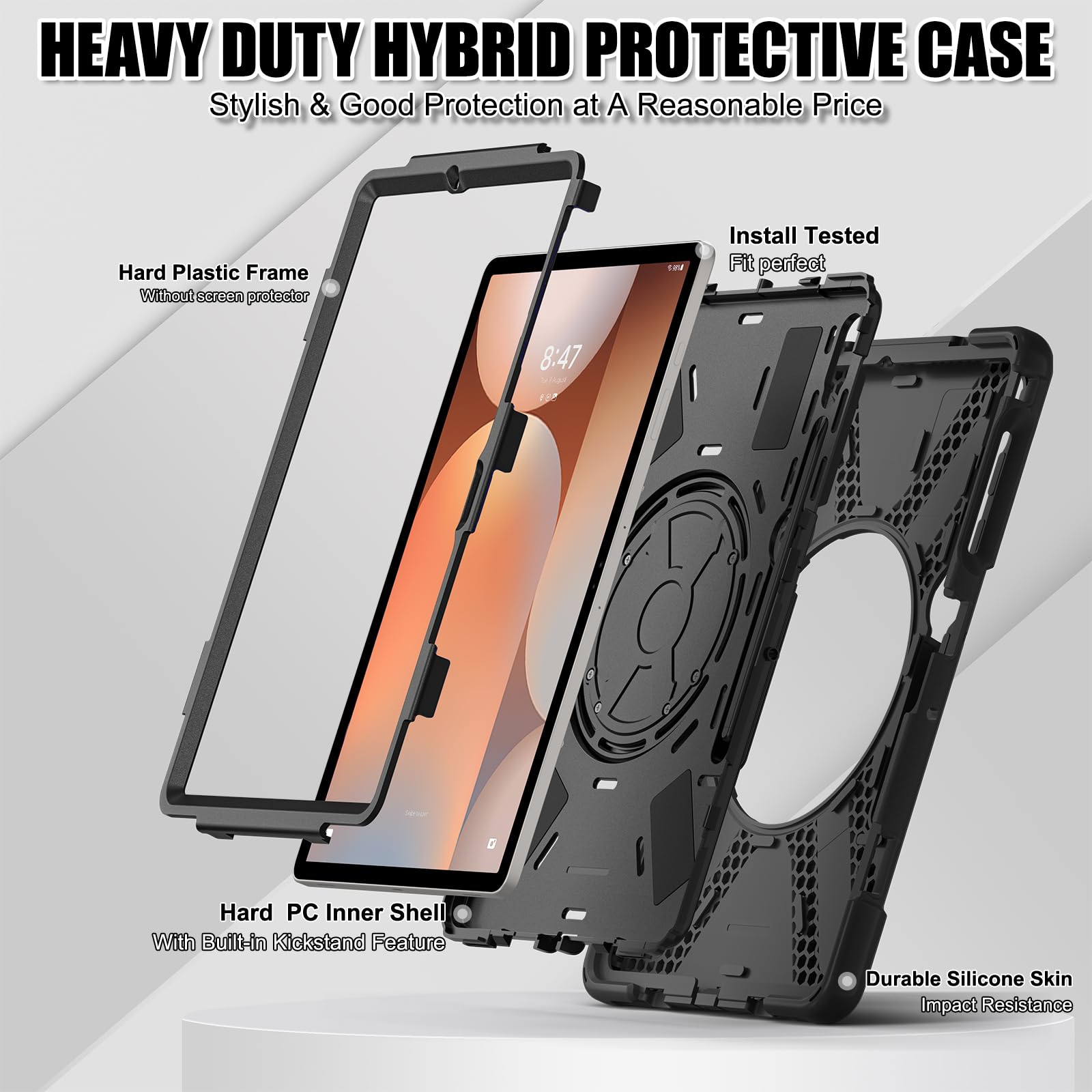 Etui kompatybilne z Samsung Galaxy Tab S7 FE/ S8 Plus 12,4 cala SM-X800 SM-T730, [wbudowany uchwyt na ołówki] wytrzymały, odporny na wstrząsy, wytrzymały futerał ochronny obrotowy stojak/pasek na