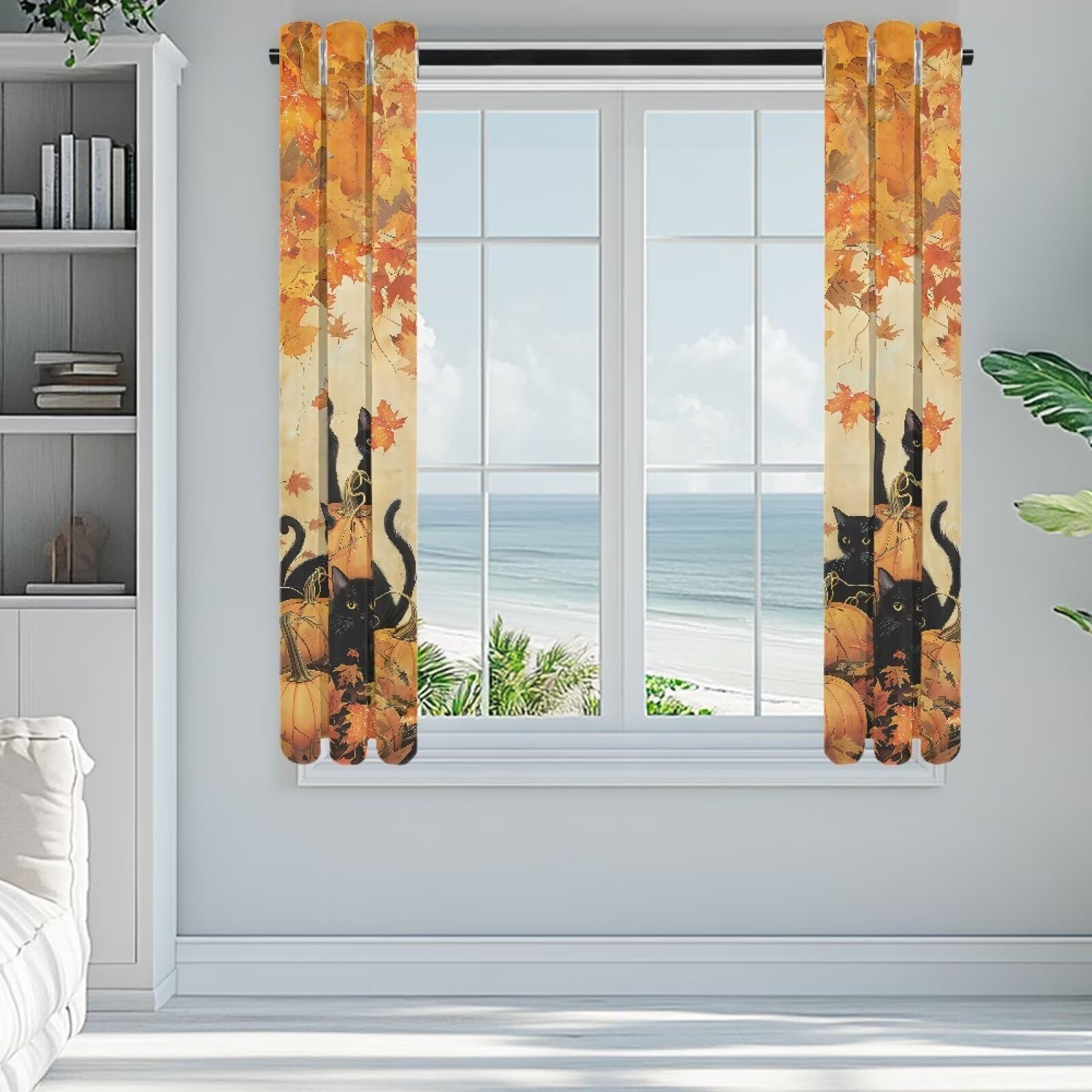 ZOUTAIRONG Blackout Curtains for Living Room Black Cat Maple Leaf Print Window Treatments 2 Panel Set Thermal Insulated Blackout Curtains for Bedroom, Thanksgiving Decorations