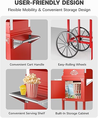 Miniatura 8 de Máquina de palomitas de maíz de 10 onzas con carro, máquina para hacer maíz con ruedas y hervidor de acero inoxidable que hace hasta 40 tazas,