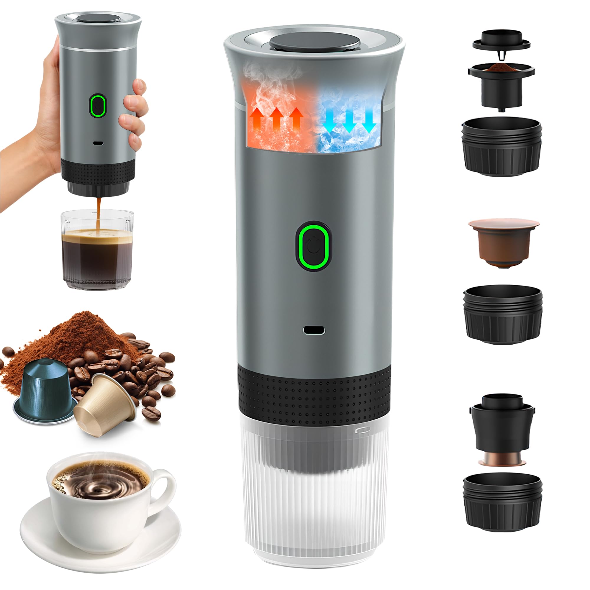 Máquina de Café Portátil, Cafetera Espresso 3 en 1 Eléctrica Portátil Café Expreso Recargable para Cápsulas Pequeñas o Grandes y Café Molido para Oficina Viaje Camping (Plateado)