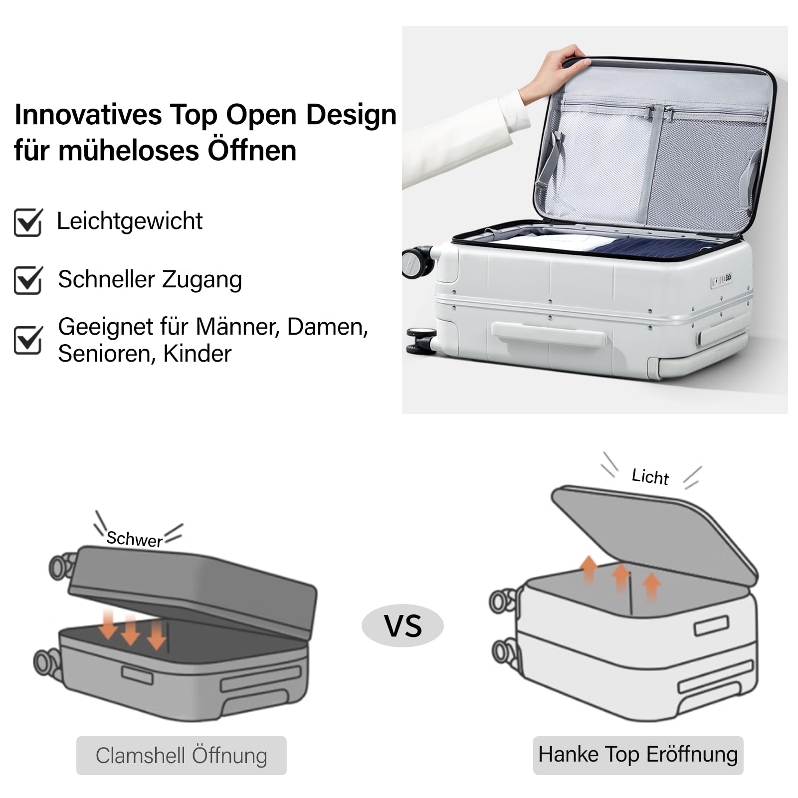 Hanke Handgepäck Koffer Breiter Griff mit 360°-Spinnerrändern Frontöffnung Koffer mit TSA-Schloss PC & Aluminium Hartschalenkoffer 49cm(46L), Rauchweiß