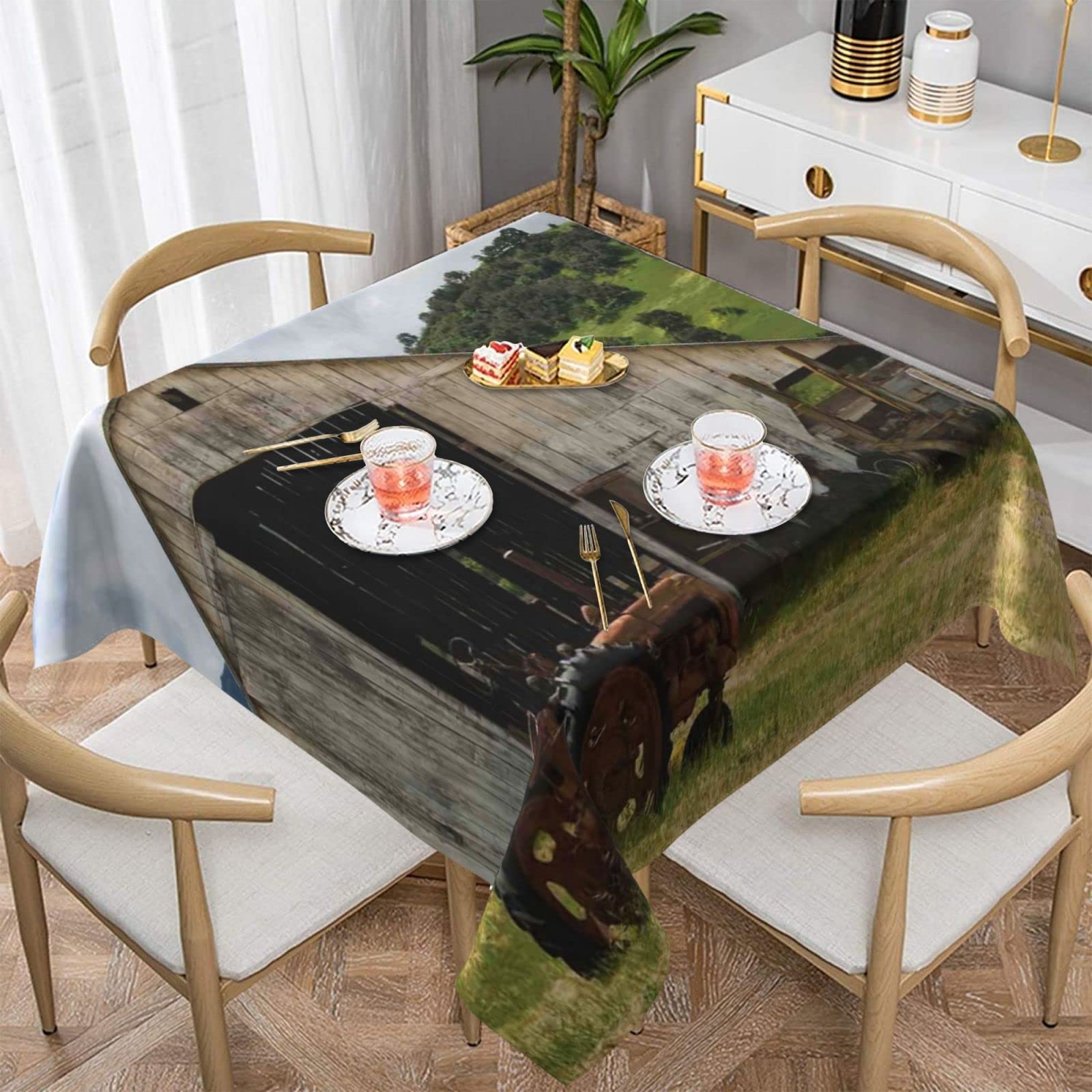 Nappe tracteur rouillé motif bois rétro, textile haut de gamme