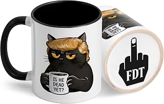 Is He Dead Yet Mug - 11oz Black Cat FDT Mug with Middle Finger, Ceramic Coffee Cup Funny Gifts for Democrat Anti Merchandise Political Lovers Friends Office Liberal Coworkers