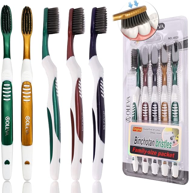 AOLEVA Set 5 Count Soft Toothbrush Manual for Adults Toothbrushes Multipack Black Charcoal Bristles for Family - Medium - Random Color