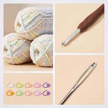 Renyiz Chunky Chenille Yarn for Crochet Kit - 3 Skeins Chenille Wool (100g Each) Soft Fluffy Thick Yarn, 6mm Crochet Hook Included for Beginners DIY Blankets (Marshmallow -3)