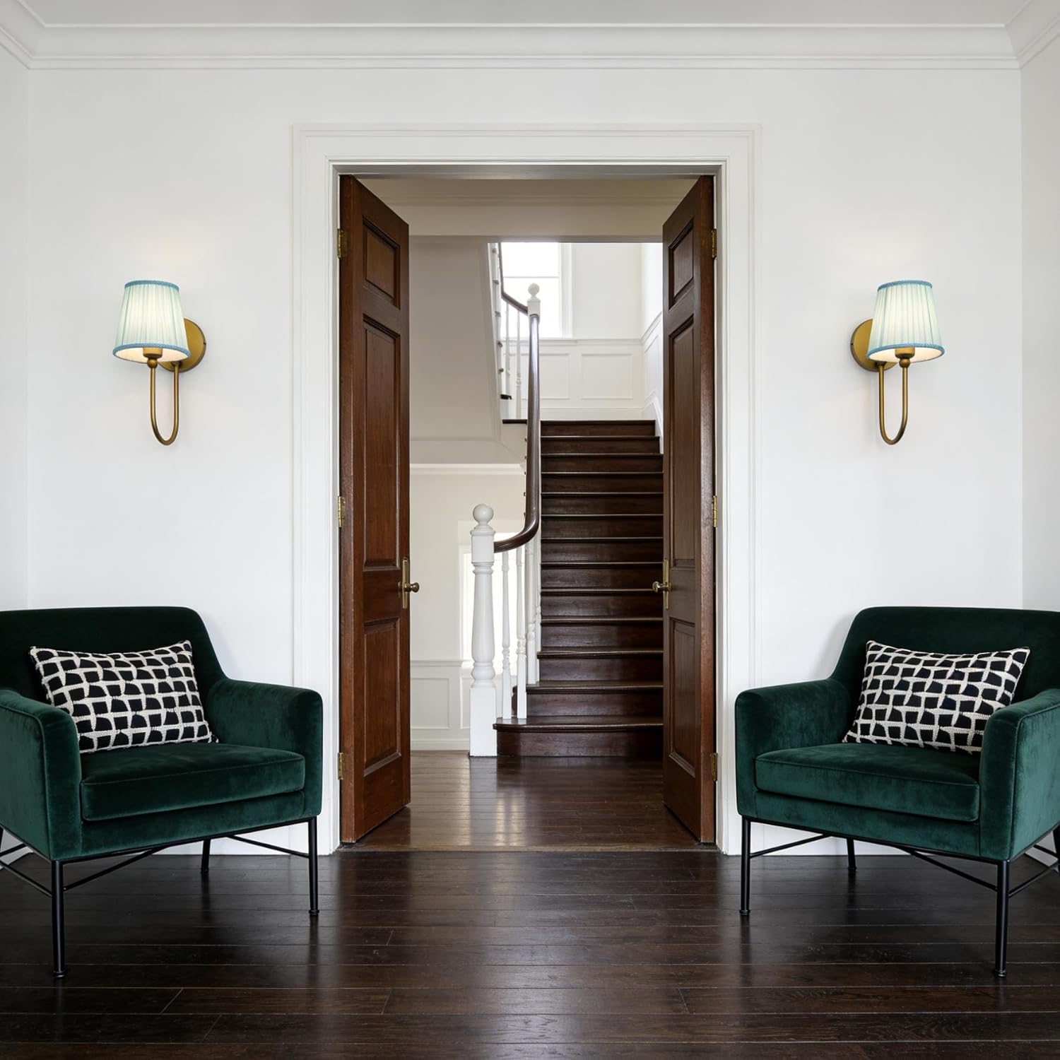 Pathson Vintage Set of 2 Fabric Wall Sconce Blue Gauze Cloth Shade, Hardwired Curved Arm Bathroom Vanity Lights, Indoor Wall Decor Lamp for Living Room, Kitchen, Bedroom, Foyer