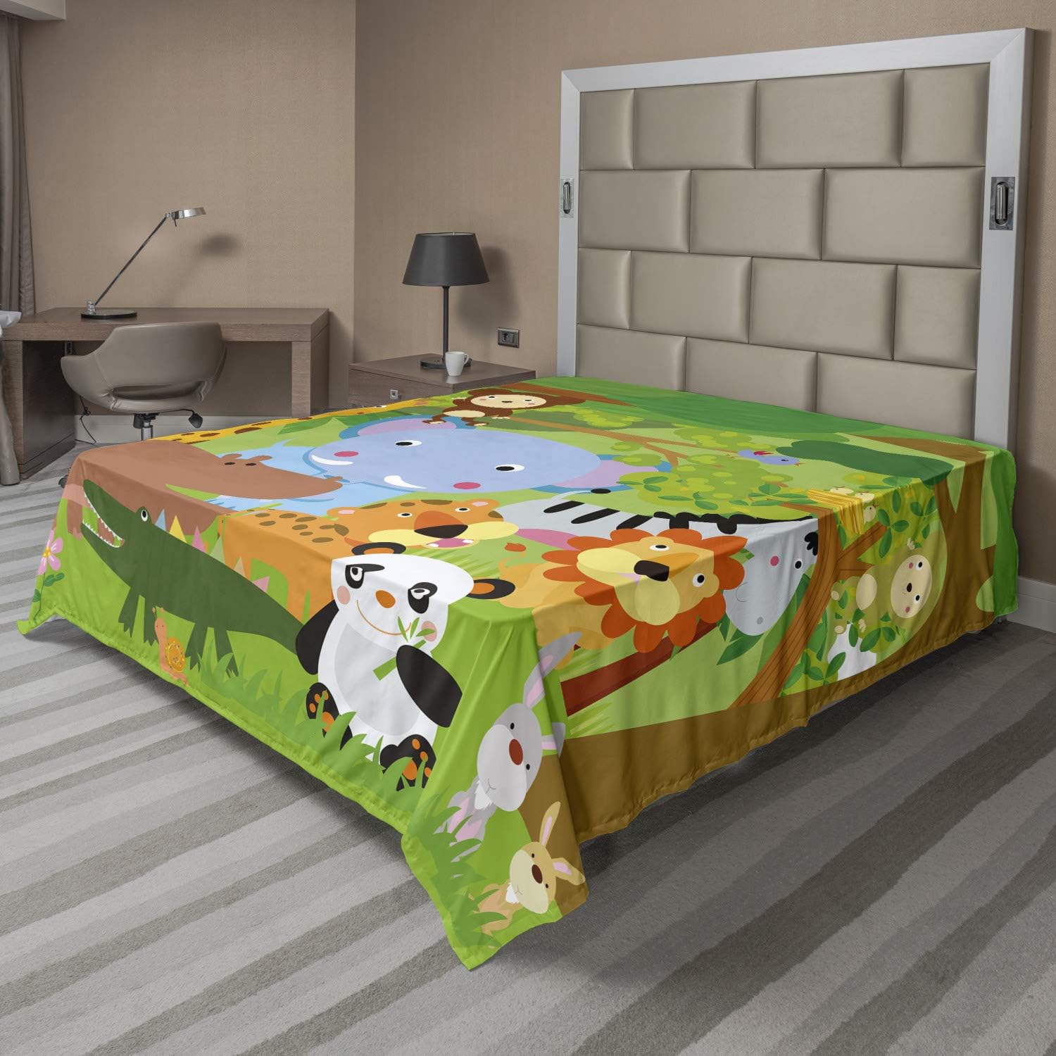 Ambesonne Cartoon Flat Sheet, Funny Playful Jungle Animals Wildlife Mammals Trees Flowers Colorful Nature, Soft Comfortable Top Sheet Decorative Bedding 1 Piece, Full Size, Multicolor