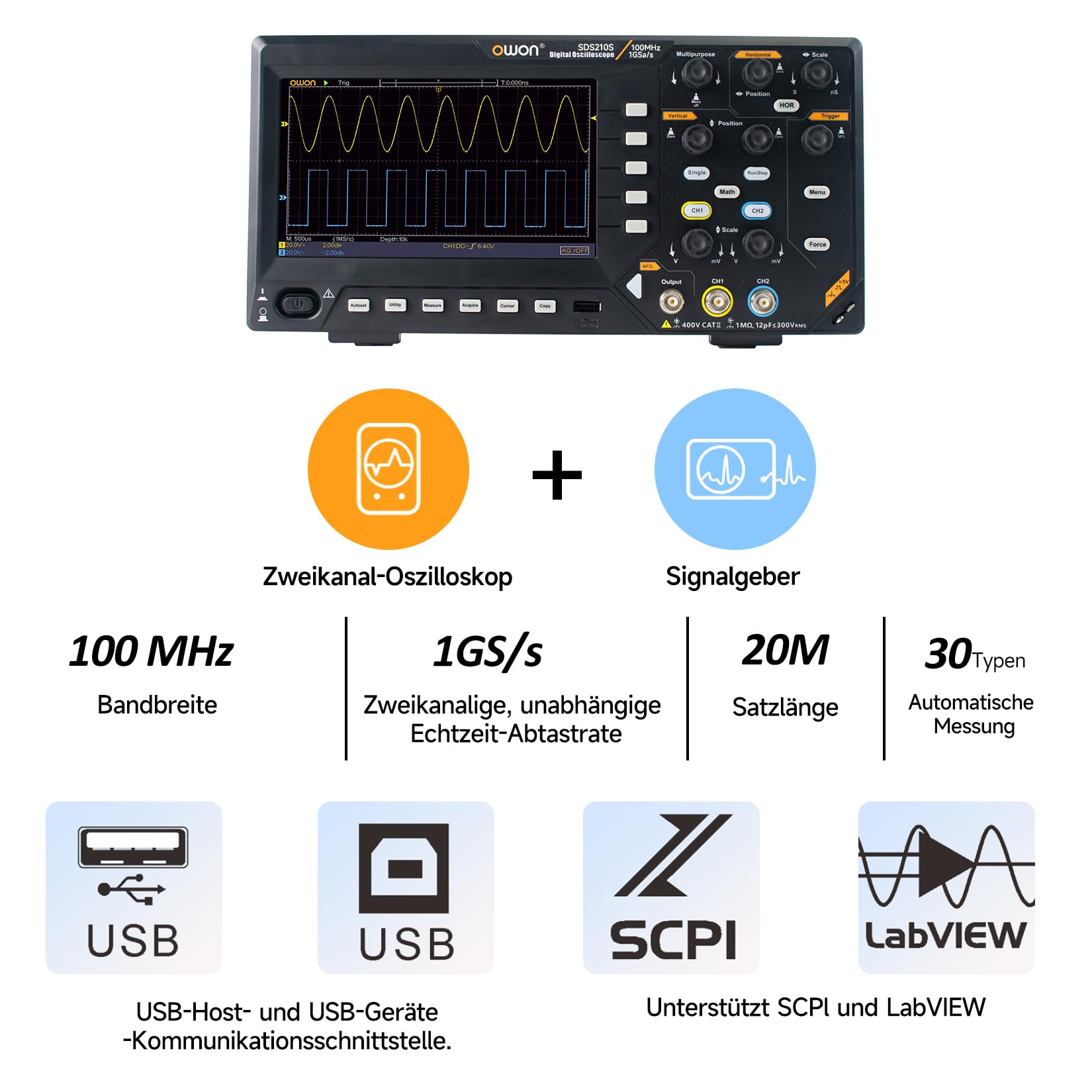 OWON Digitales Oszilloskop mit Zweikanalkanälen und 7-Zoll-Bildschirm, TFT-LCD-Display, tragbares Oszilloskop mit 1GS/s Abtastrate, Bandbreite 100 MHz, 8K Wellenformlänge, SDS210S