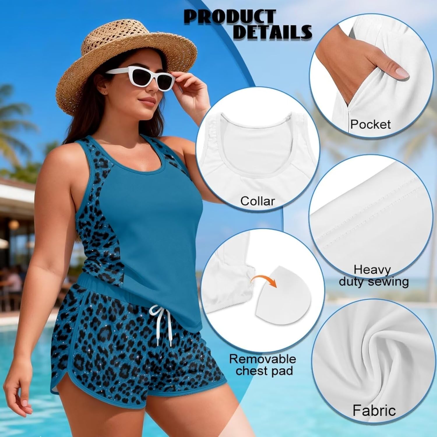 Blouson Tankini Swimsuits for Women 2 Piece Tank Top Swimwear Tummy Control Sporty with Pockets Boy Shorts