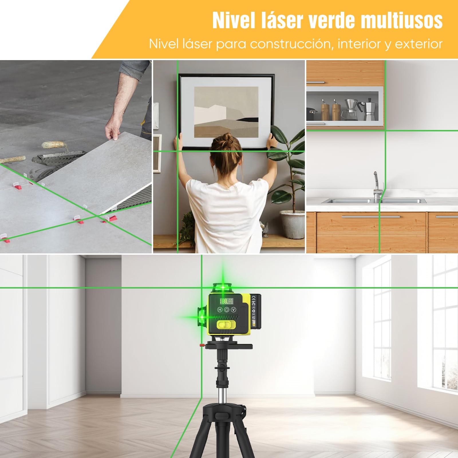 Nivel láser autonivelante 360° X 4, láser de construcción 4D con 16 líneas láser, modo de pulso para exteriores, 2 baterías, autonivelación, soporte rotativo, control remoto.（Con Tripode）