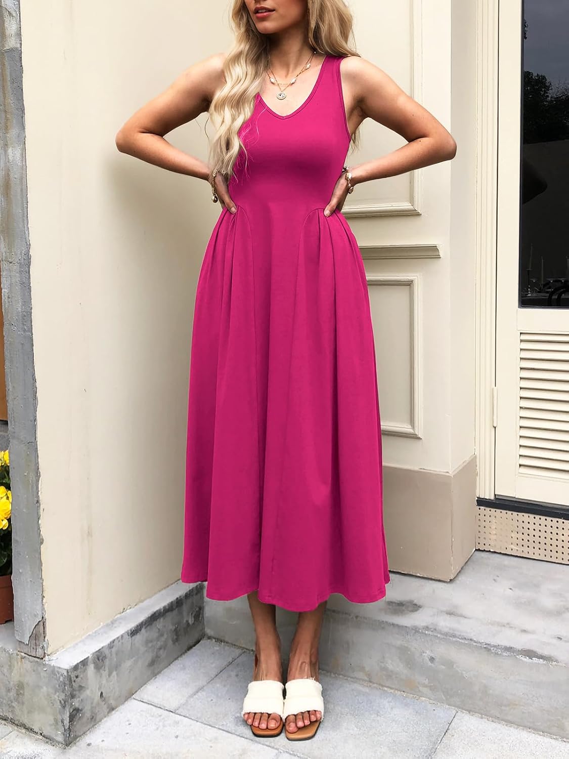 Women Summer Sleeveless Casual Dresses Pleated Waist Elegant Midi A-Line Flowy Swing Dress Sundress with Pockets - Image 2