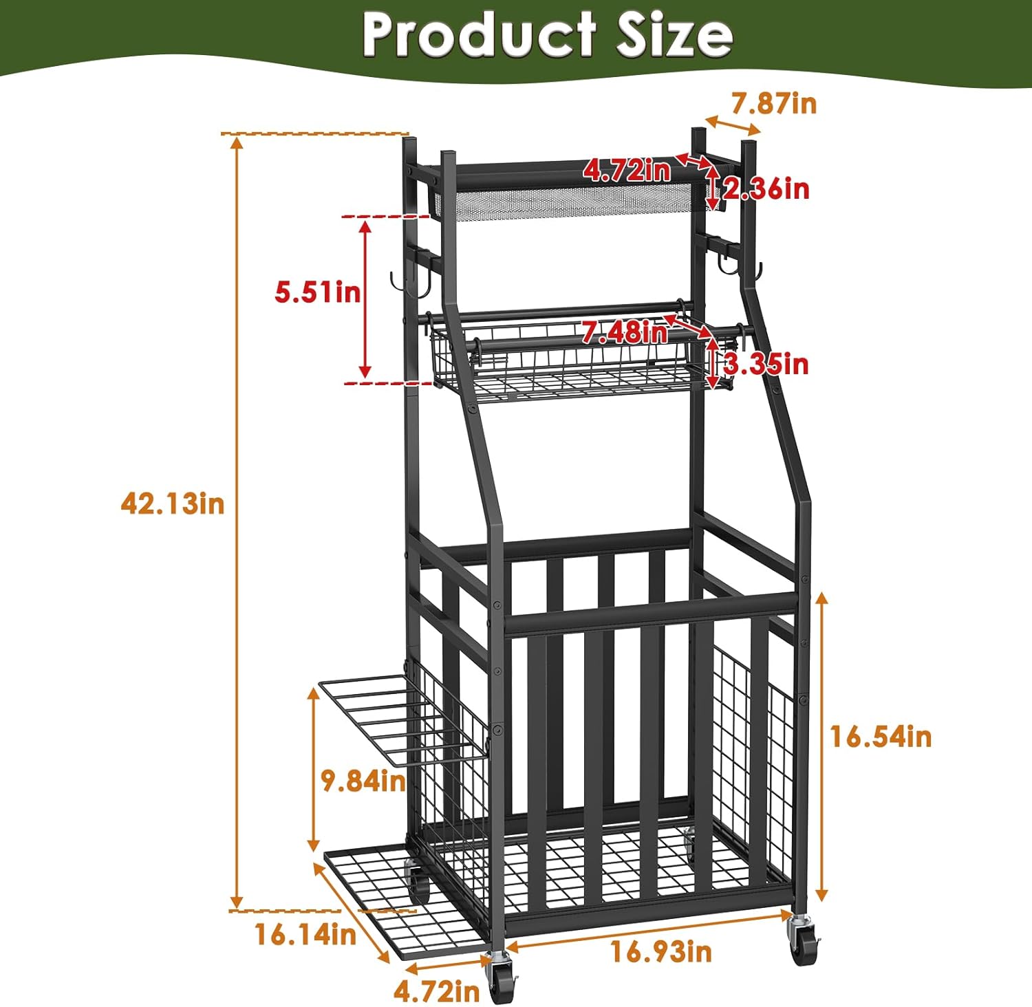 Sports Equipment Garage Organizer,Garage Ball Storage Rack with Elastic Straps,Small Rolling Ball Holder Cart with Wheels for Sports Gear,Indoor/Outdoor Toy Storage with Hooks and Baskets,BK - Image 3
