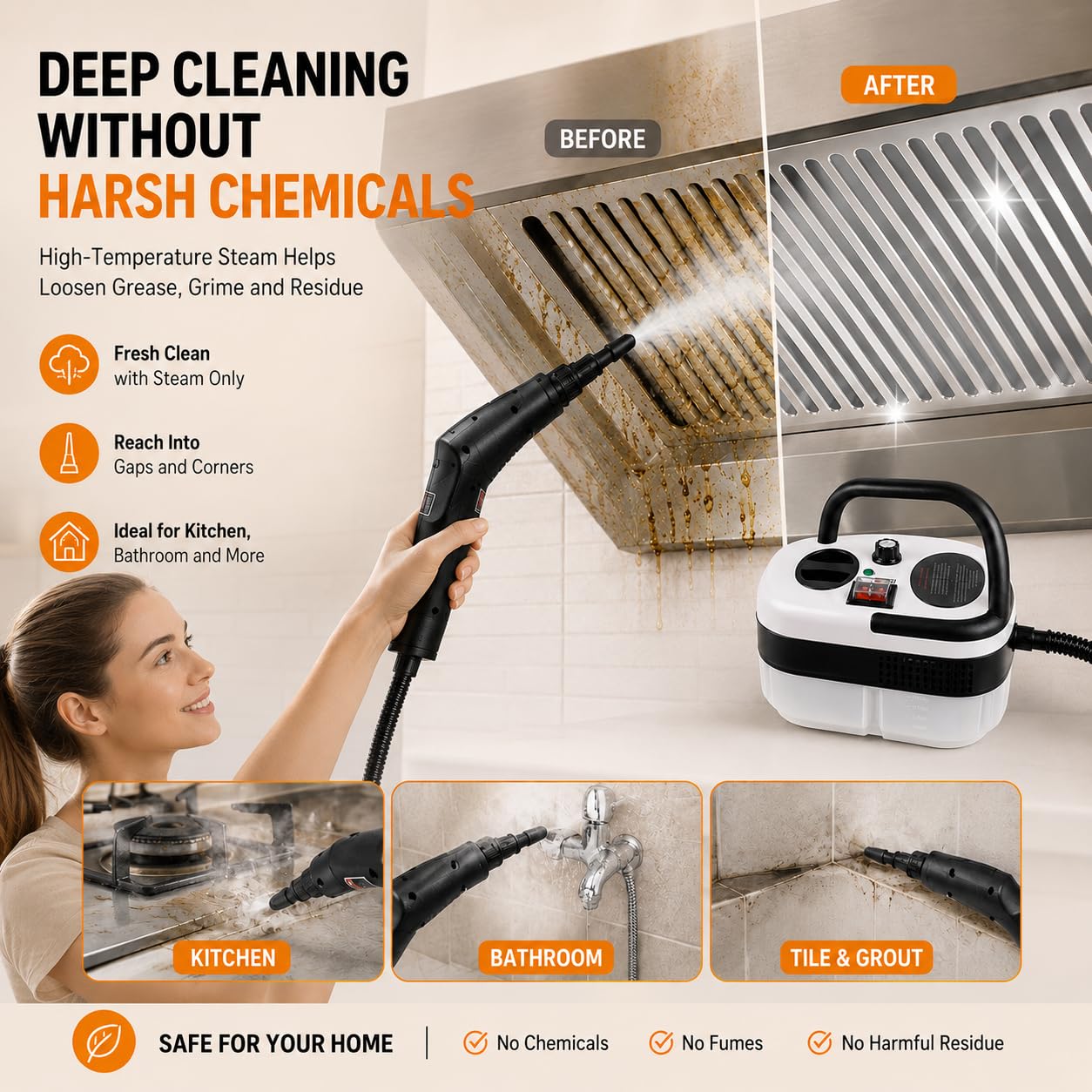auvstar Limpiador a Vapor Portátil 2500W, 6 Niveles Ajustables, Depósito 1200ml, Vaporeta Multifunción, Steam Cleaner para Cocina, Baño, Coche, Ventanas, Suelos