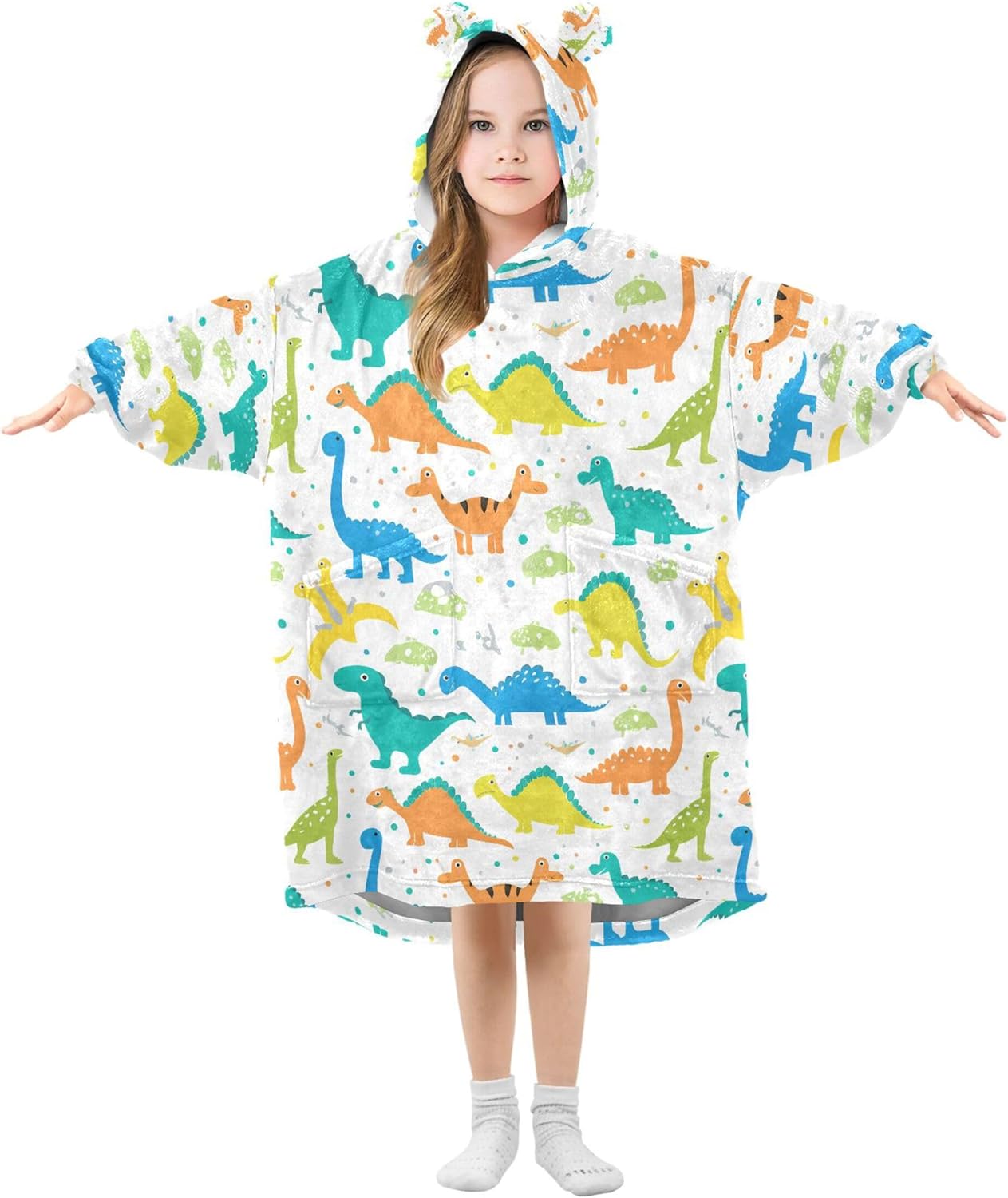 Cute Dinosaur Kids Wearable Blanket Hoodie with Pocket and Sleeves for Toddlers, Cute Hoodies Girls Boys B0404078