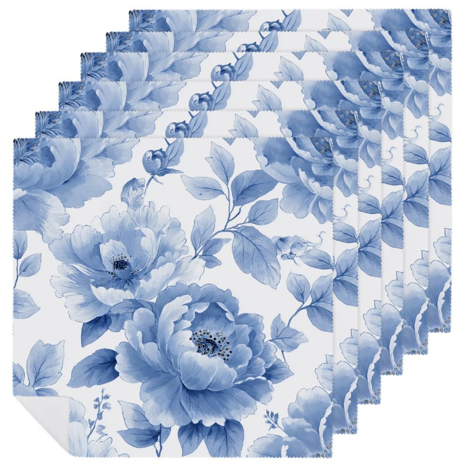 Large Chinoiserie Peony Blooms with Leaves Cloth Napkins Set of 6, Square Premium Reusable Washable Polyester Table Linen Napkin for Dinner Party
