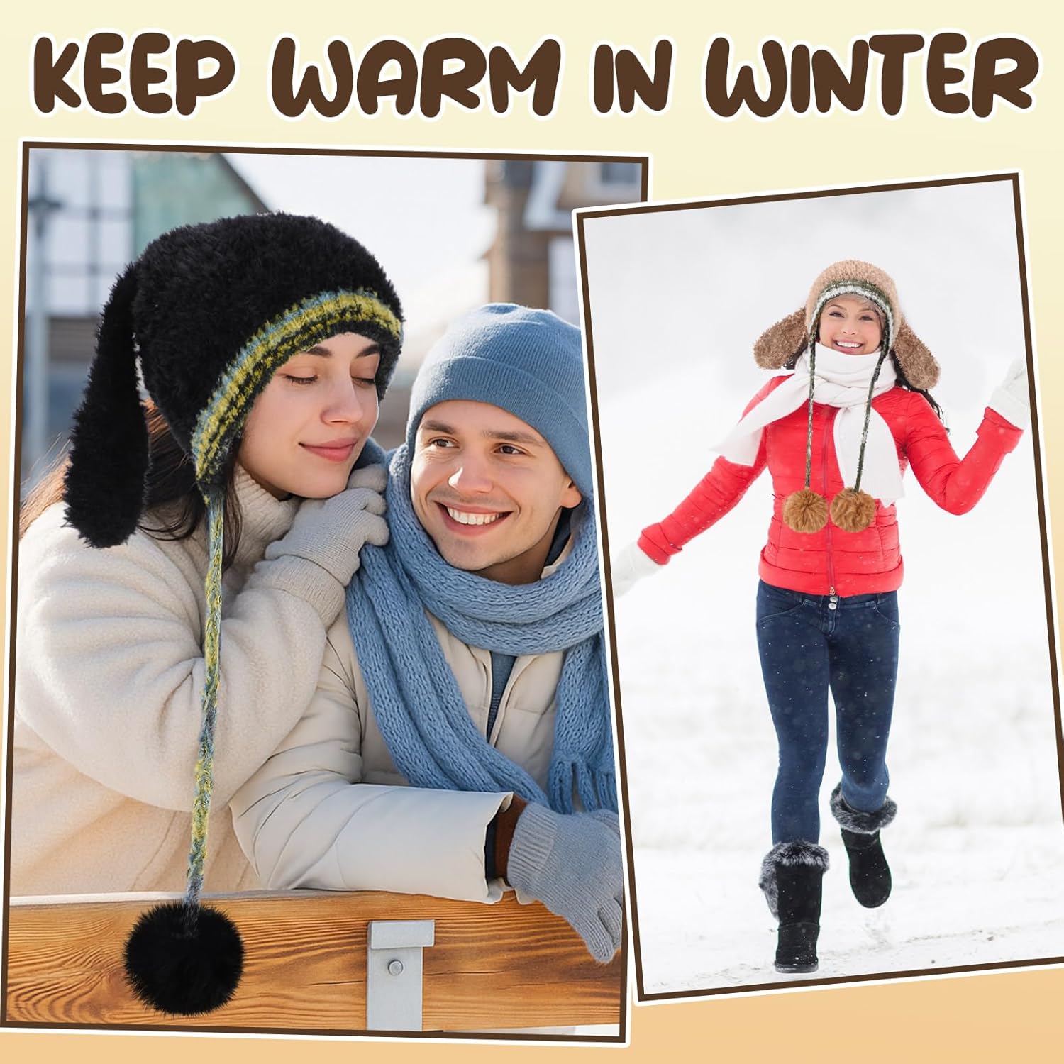 3パック 冬用帽子 ウサギの耳付き 女性用 かわいい 暖かい シェルパ ラビット イヤービーニー ポンポン付き