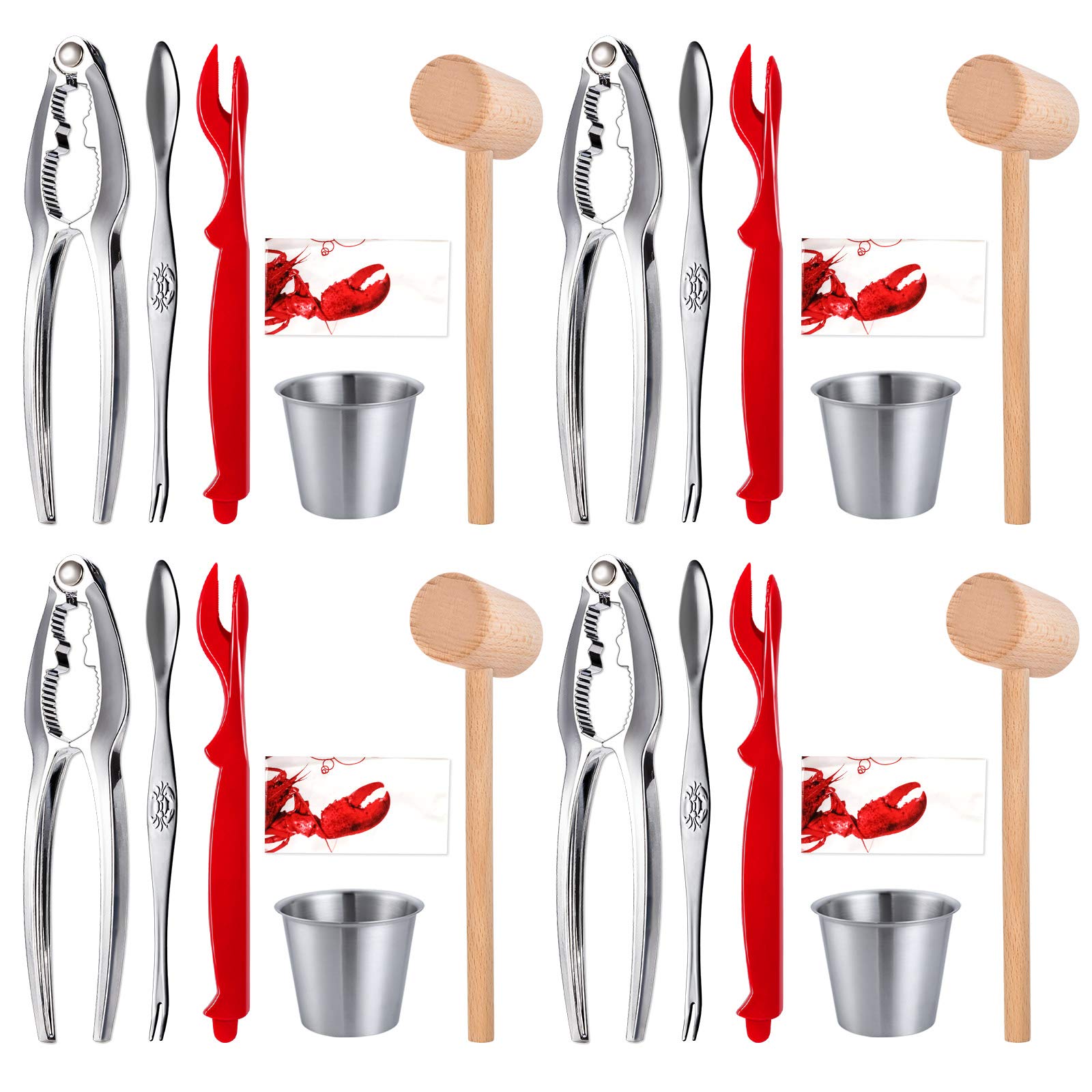 Crab Crackers and Tools with 4 Lobster Crackers, 4 Lobster Forks, 4 Seafood Forks, 4 Butter Cups, 4 Wooden Crab Mallets, 4 Lobster Bibs
