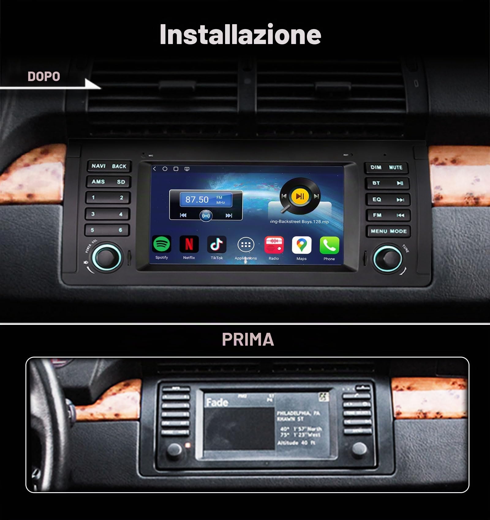 4GB+64GB Android 14 Snapdragon 8 Core Autoradio per BMW X5 E53 Stereo Bluetooth GPS Navigatore Auto Touch schermo Wireless CarPlay Wifi Bluetooth 5.1 DSP Canbus DAB+ DVR DSP IPS