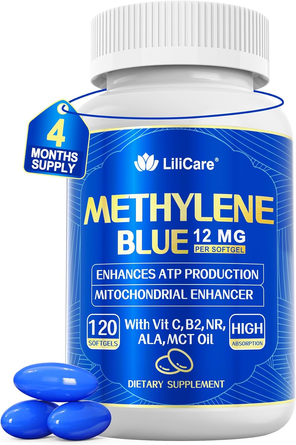 LILICARE Advanced 12mg Methylene Blue Softgels for Humans | Upgraded Brain & Cellular Energy Supplement with CoQ10, NR & ALA | High Absorption Formula, Non-GMO, Mitochondrial & ATP Support, 120 Cts