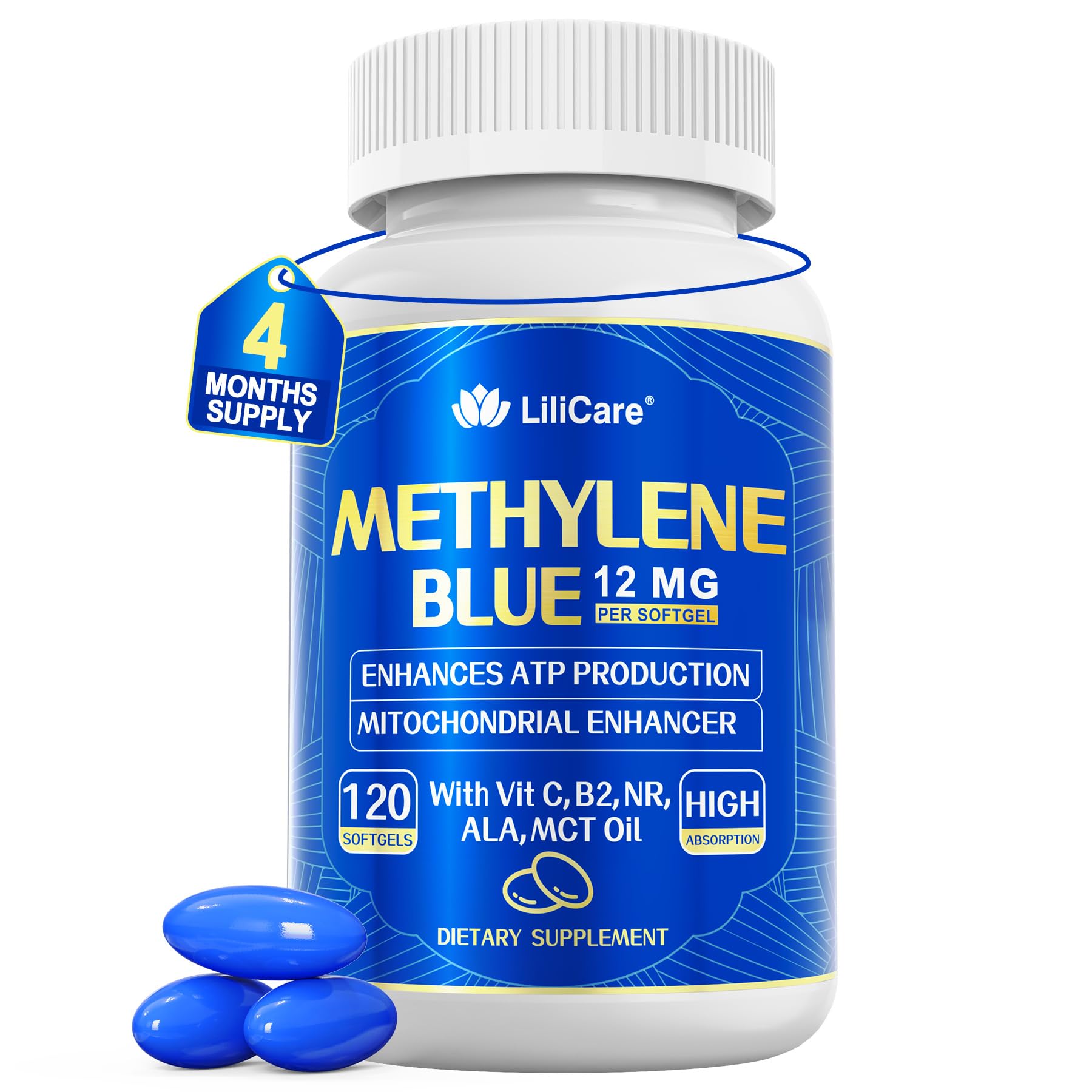 LILICARE Methylene Blue Softgels 12mg for Humans, Easy-to-Swallow, 120Ct