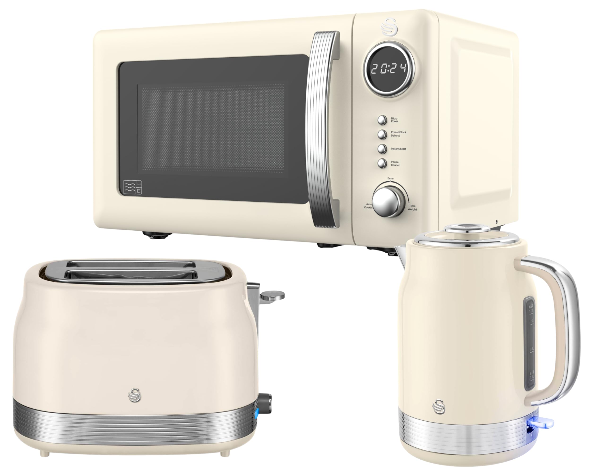 Swan Retro Revive Cream Kitchen Appliance Bundle – 1.7L Rapid Boil Kettle, 2 Slice Toaster & 800W 20L Digital Microwave, Retro Gloss Finish with Chrome Accents