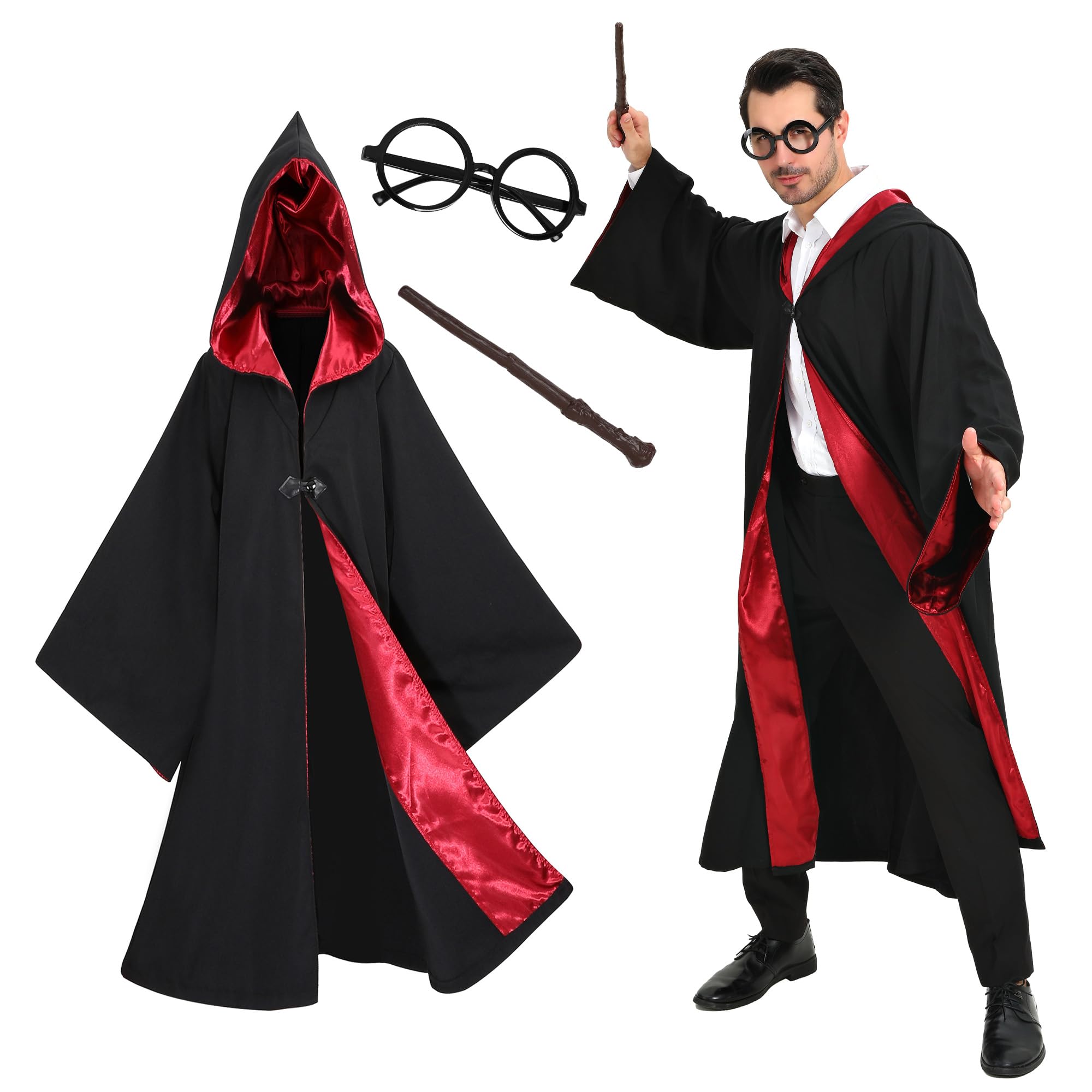 4PCS Magic Hooded Cloak with Wand,Glasses,Badge Wizard Costume Set for Men and Women (SNo Scarf