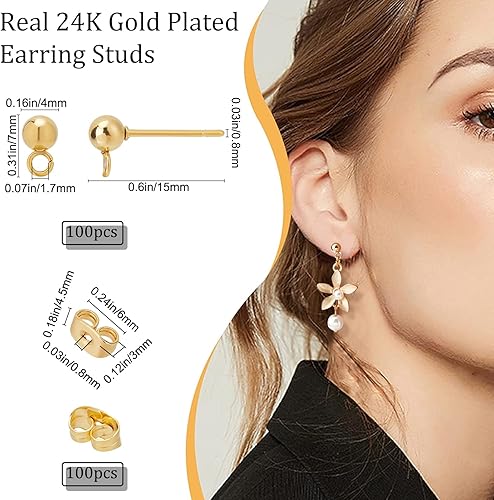 Miniatura 2 de Beebeecraft 100 aretes chapados en oro de 24 quilates con bucle de bola, con 100 aretes de mariposa en la parte trasera para hacer aretes colgantes
