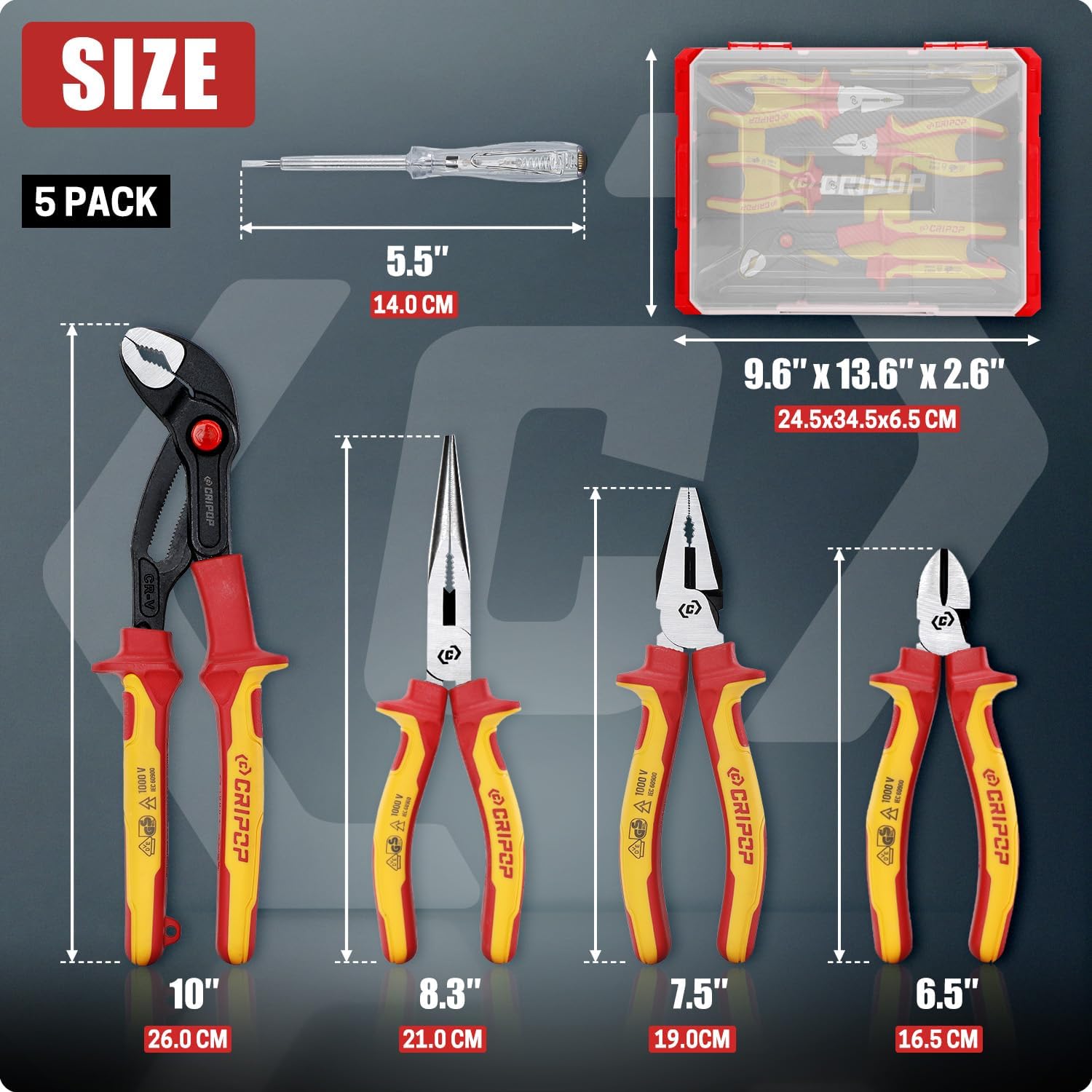 CRIPOP 5PCS VDE Insulated Pliers Tool Set,1000V Insulated Electrical Tools Kit,Includes 190mm Combination Plier - Image 4
