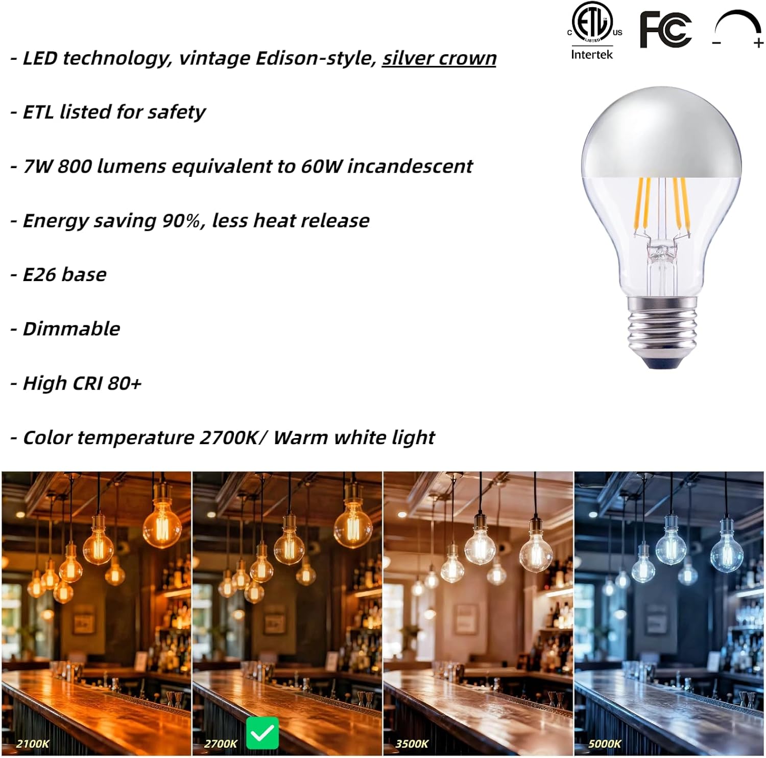 A19 Half Chrome LED Light Bulb 60W Equivalent, Dimmable 800 Lumens 2700K Warm White, E26 Silver Bowl Anti-Glare Bulb, Vintage Edison Mirror Reflected Light for Bedside Pendant Lamp, 2 Pack