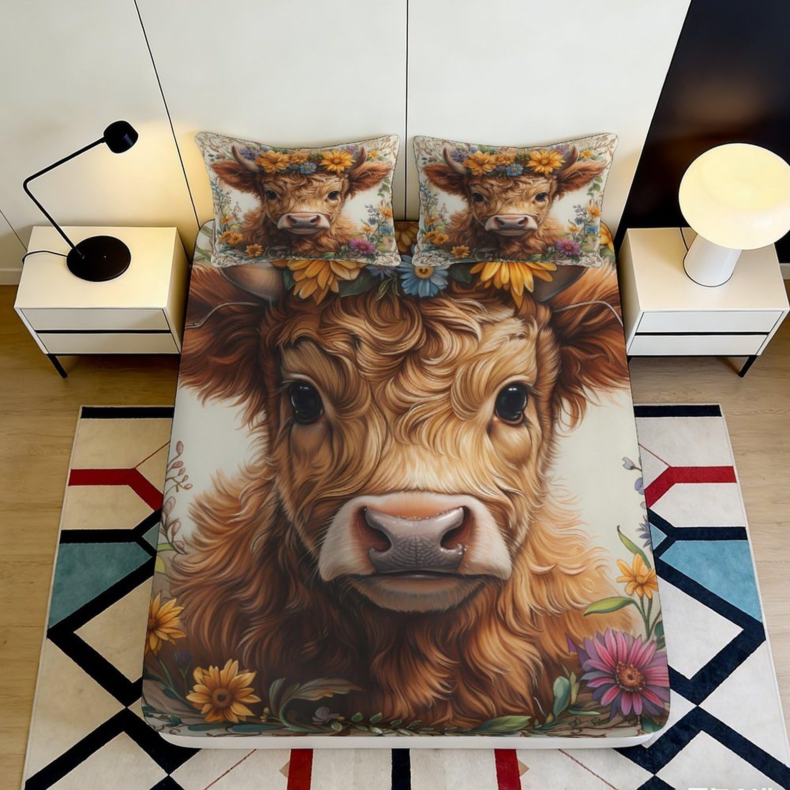 3D Printed Highland Cow Fitted Sheet Microfiber Soft Durable Floral Mattress Cover for Bedroom Dormitory Guest Room Mattress Protection Decor 140x200x25cm