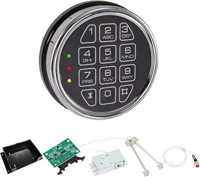 Electronic Gun Safe Lock Replacement Digital Keypad with Solenoid Lock Mechanism, Chrome/Black Finish, 14-Pin Design, Circuit Board, Reset Cable, and 2 Override Keys DIY Installation