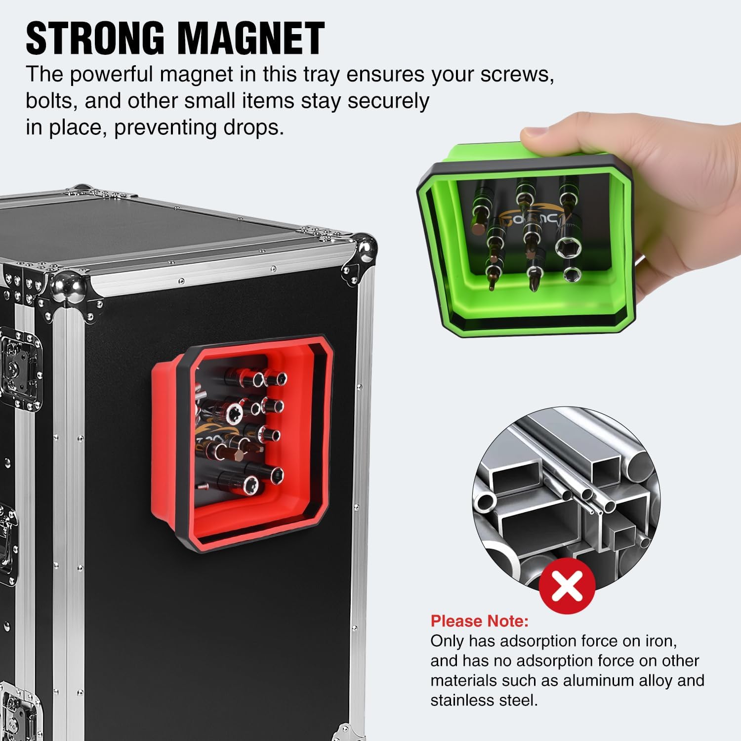 GOOACC 4 Pcs Square Collapsible Magnetic Parts Tray Set Multiple Colors Silicone Foldable Tool Trays Organizer for Screws Bolts Nuts Pins Washers and Other Small Metal Parts Double Sided Magnet Base