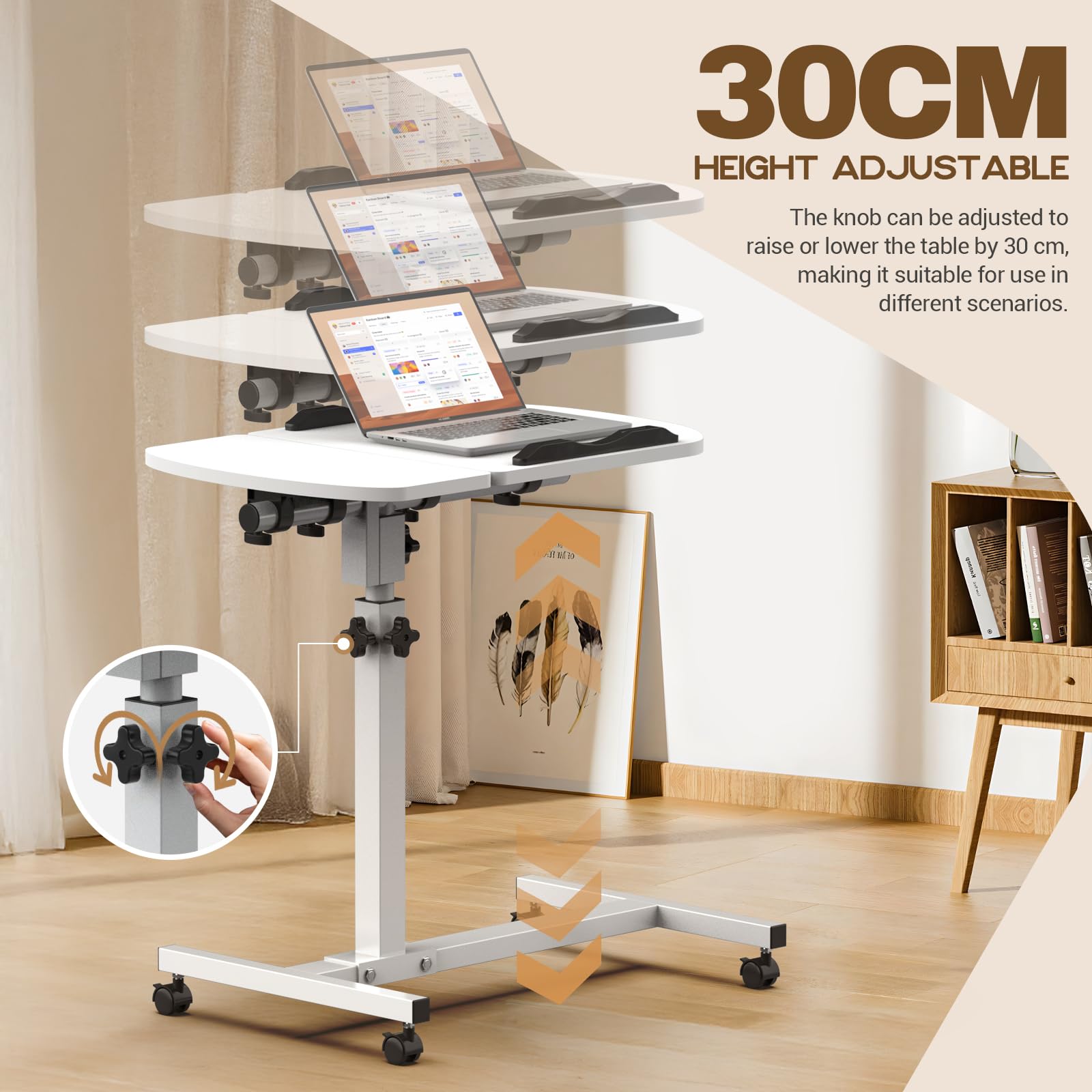 Soontrans Table de lit sur roulettes - 60 x 40 cm - Réglable en hauteur - Plateau inclinable à plusieurs angles - Pour lit d'hôpital, lit de soins, salon, chambre à coucher, bureau (blanc)