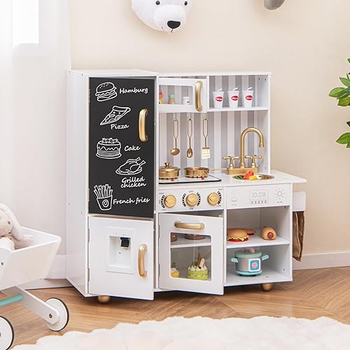 Miniatura 9 de Costzon Juego de cocina para niños, juego de cocina de juguete de madera con estufas, microondas, pizarra, dispensador de agua, accesorios de