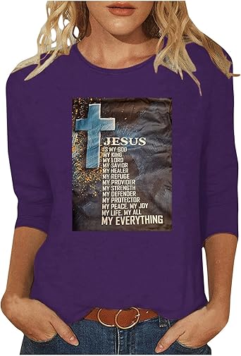 Women Easter Day Tops Jesus Cross Printed Tee Casual Christian Blouse 3/4 Sleeve T-Shirt Religious Blouses