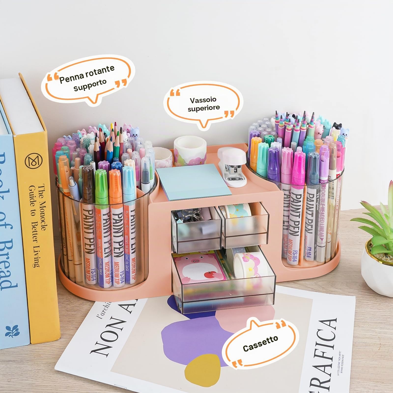 RETON Organizer da scrivania girevole con 2 portapenne, organizer multifunzione con 3 cassetti, 10 scomparti, portapenne per scrivania, scuola, casa, ufficio