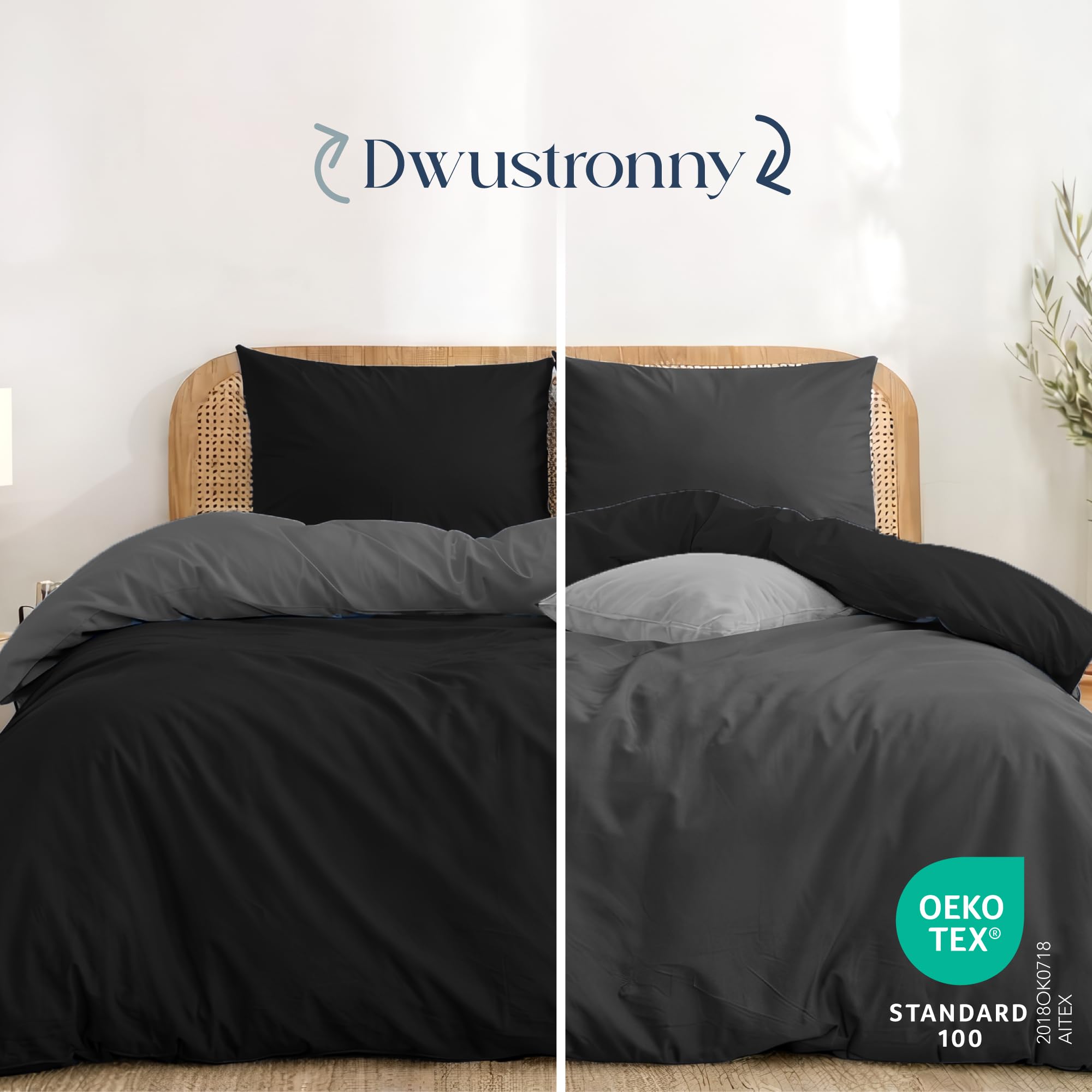 Twinzen Poszewka na kołdrę Reversible 200x200 cm, z 2 poszewkami na poduszki 50x80 cm, kolor czarny/ciemnoszary – komplet pościeli z mikrofibry 200x200 – Oeko-Tex